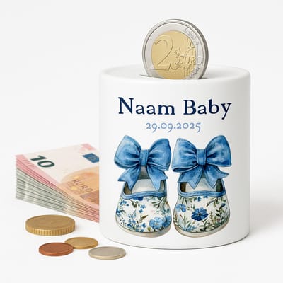 Gepersonaliseerde Baby Spaarpot – Met Naam en Geboortedatum – Blauwe Schoentjes