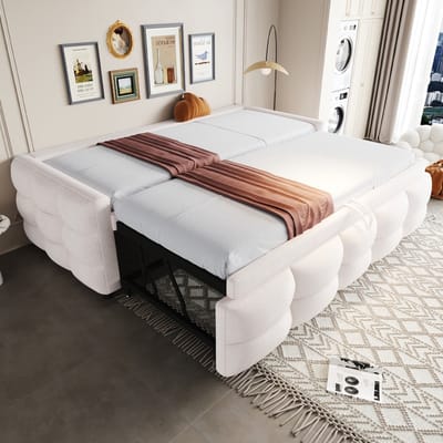 Sweiko Gestoffeerd bed - 90/180 × 190 cm - Uitschuifbare slaapbank - Teddy stof - Beige