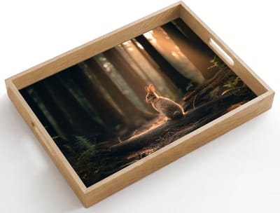 Dienblad hout 50x35 cm - Schootdienblad - Konijn - Bos - Zonnestralen - Borrelplank rechthoek - Plateau dienbladen