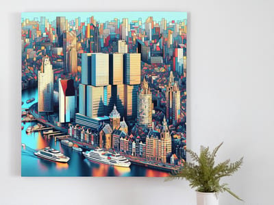 Abstract rotterdam schilderij | Rotterdamse skyline vereeuwigd in abstracte kunst vol kleur en vormen | Kunst - 100x100 centimeter op Forex | Foto op Forex