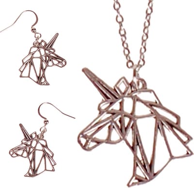 Set - Kinderketting 45cm RVS - Zilverkleurige Oorbellen - Hangertjes Eenhoorn Hoofd Geometrische Lijnen