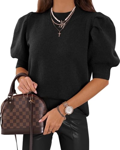 JHUBERS- Pullover Dames - Korte Mouwen - Ronde Hals - Effen Kleur - Elegant met Pofmouwen - Lichtgewicht Trui