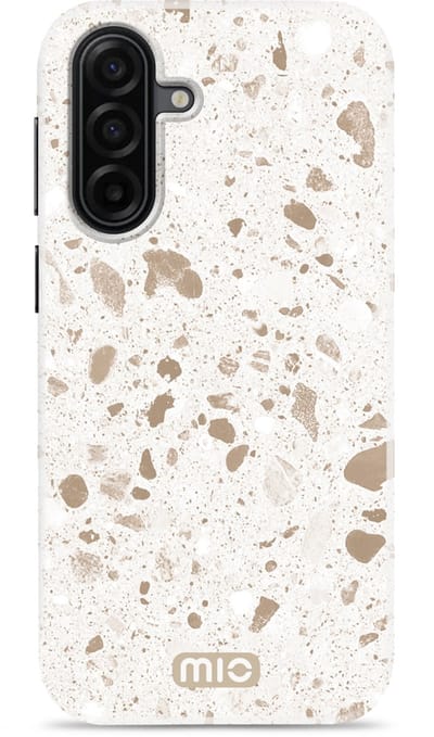 Mio by Mobilize Hoesje geschikt voor Samsung Galaxy A17 MagSafe Telefoonhoesje Hardcase | Mio by Mobilize Backcover | Geschikt voor MagSafe | Geschikt voor Draadloos Opladen met Magnetische Ring | Geschikt voor MagSafe Case - Soft Terrazzo | Wit,goud
