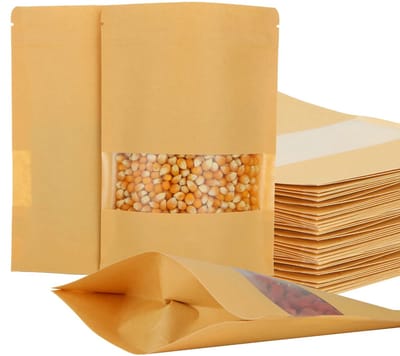 Dailygoods- Kraftpapieren Zakken 150 Stuks - Kraft-Ritzak 20 x 14 x 4 cm - Voedeltas met Venster - Voedselopslag - Noten - Duurzaam Materiaal - Voedselzakken