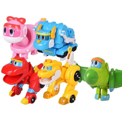 5 stuks/set ABS Min Vervorming Gogo Dino Actiefiguren REX Transformatie Auto Vliegtuig Motorboot Kraan Dinosaurus speelgoed voor Kinderen blue