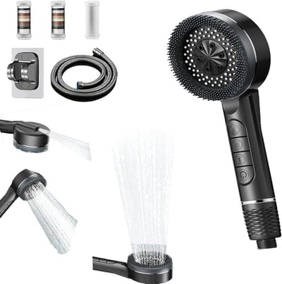 Hoogwaardige Handdouche Set met Filter en 1.5M Slang, 4 Stralen, Hoge Druk en Massagefunctie voor Waterbesparing en Verwijdering van Chloor en Hard Water (Grijs)