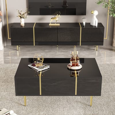 Wishdor Tv-Meubel En Salontafel Set - Hoogglans - Softclose Scharnieren - Robotstofzuiger-Vriendelijk - Mdf - Zwart