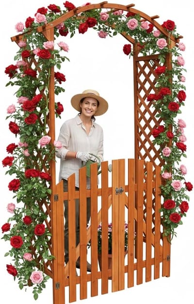 Houten Rozenboog - Rankgitter Poort - Tuin Decoratie - Met Deur - 120x206cm - Bruin