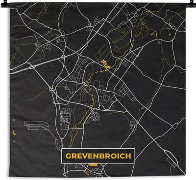 Wandkleed - Wanddoek - Black and Gold – Stadskaart – Grevenbroich – Duitsland – Plattegrond – Kaart - 180x180 cm - Wandtapijt