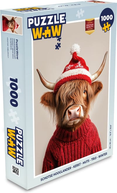 Puzzel Schotse Hooglander - Kerst - Muts - Trui - Winter - Legpuzzel - Puzzel 1000 stukjes volwassenen - Kerstpuzzel - Kerstpuzzels - Kerst - Cadeau - Kerstcadeau voor mannen, vrouwen en kinderen