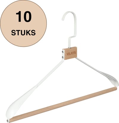 VILAYA LUXE Kledinghangers - 10 Stuks - Metaal - Hout - Premium - Sterk - Draaibare haak - Kleerhangers - Broekhangers - Wit
