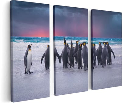 Artaza Canvas Schilderij Drieluik Groep Pinguïns bij het Water - Kudde - 120x80 - Foto Op Canvas - Canvas Print