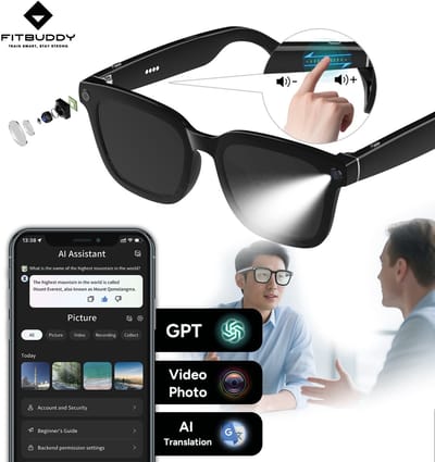 Fitbuddy AI Smart Glasses – Slimme Bluetooth Zonnebril met AI Beeldherkenning, Vertaalfunctie, Speakers & Microfoon – Touchbediening – iOS/Android – Zwart