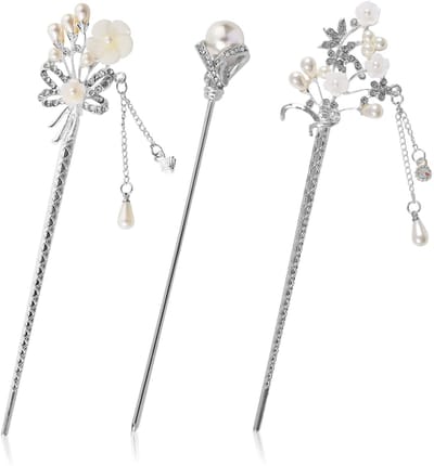 Dailygoods- Haarspelden 3 Stuks - Chinese Haaraccessoires - Strass en Parel - Vintage Kralen - Handgemaakt - Betrouwbaar Materiaal - Haarsieraden