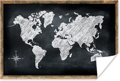 Poster 30x20 cm - Wereldkaart - Schoolbord - Krijt - Posters - Kamer decoratie - Wanddecoratie woonkamer - Muurdecoratie slaapkamer