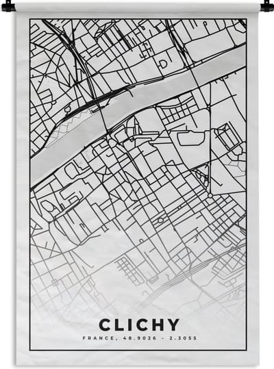 Wandkleed - Wanddoek - Kaart - Stadskaart - Clichy - Frankrijk - Plattegrond - Zwart wit - 120x180 cm - Wandtapijt