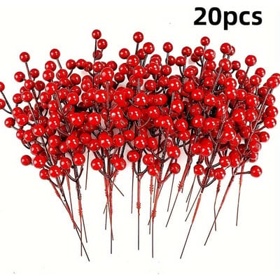 20 Stuks Gesimuleerde Bessen Takken - Kunsthulst met Rode Bessen voor Kerstboomversiering en Kransmaken 20 pieces red