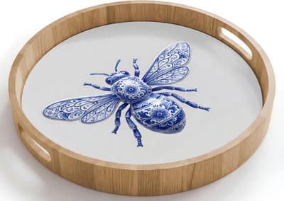 Dienblad rond 40x40 cm - Schootdienblad hout - Bij - Modern - Delfts - Blauw - Borrelplank rechthoek - Plateau houten dienbladen