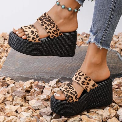 Dames Luipaard Pantoffels Zomer Sleehakken Hoge Hakken Strandslippers Dames Mode Casual Platform Sandalen Slippers Dames De Mujer 43