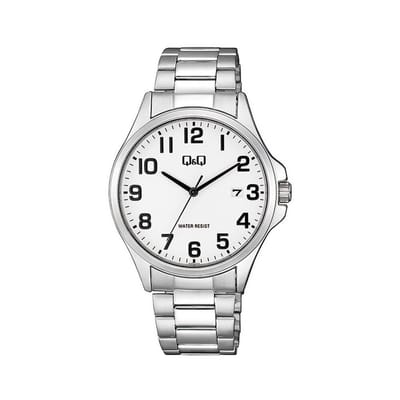Q&Q A480J204Y - Horloge - Analoog - Mannen - Heren - stalen band - Rond - Staal - Cijfers - Datumaanduiding - Zilverkleurig - Wit