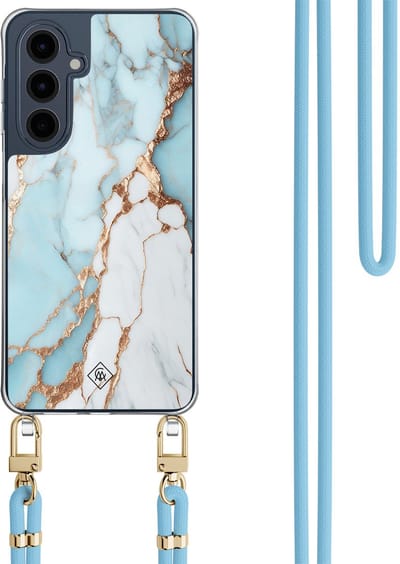 Casimoda® hoesje met lichtblauw koord - Geschikt voor Samsung A16 - Marmer Lichtblauw - Afneembaar koord - TPU/polycarbonaat - Blauw