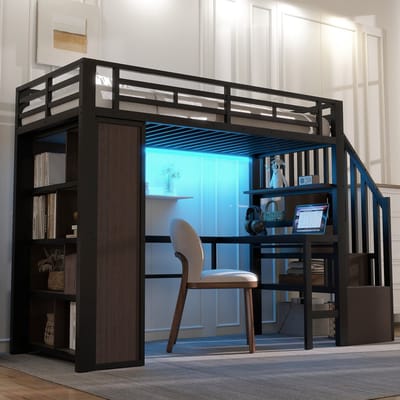 Wishdor Hoogslaper - 90 x 200 cm - Met Bureau en Opbergrekken - Ledlichtbalk met App - Trap met Opbergruimte - Metaal en MDF Zwart - Ruimtebesparende Studie- en Slaapplek voor Tienerkamer - Stabiel tot 250 kg