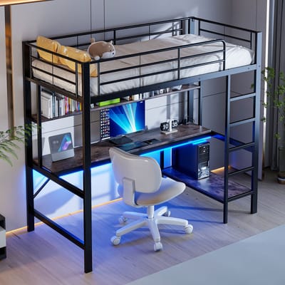 DESMIU Hoogslaper 90x200 cm - Met Bureau, Usb En Stopcontact - Led-Sfeerverlichting - Opbergrek - Voor Kinderkamer - Metaal - Zwart - Zonder Matras