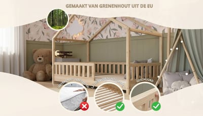Cabin Bed 200x90 cm Kinderbed – Montessori Vloerbed met Veiligheidsleuning & In Hoogte Verstelbare Poten – Massief Grenenhouten Huisbed voor Kinderen – Scandinavisch Design Natuurlijk Hout – Casa Velluto Nordic DreamHouse