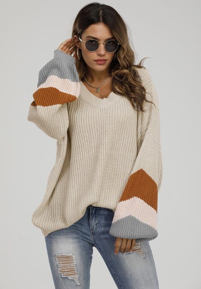 Gestreepte trui in beige, perzikroze en camel