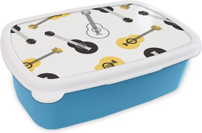 Broodtrommel Blauw - Lunchbox - Brooddoos - Gitaar - Patronen - Instrumenten - 18x12x6 cm - Kinderen - Jongen