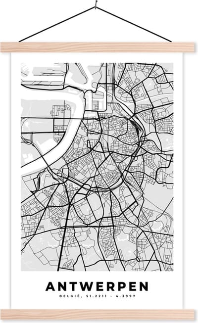 Posterhanger incl. Poster 40x60 cm - Schoolplaat - Zwart Wit – België – Plattegrond – Stadskaart – Kaart – Antwerpen - Textielposter - Blanke latten - Stadskaart