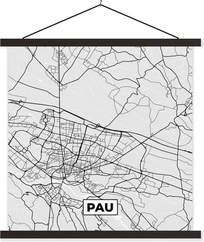 Posterhanger incl. Poster 60x60 cm - Schoolplaat - Stadskaart - Frankrijk - Kaart - Pau - Plattegrond - Textielposter - Zwarte latten - Stadskaart