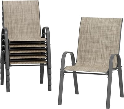VIEMAE Tuinstoelen - Tuinstoelen stapelbaar - Set van 6 - Stapelstoelen - Terrasstoelen - Hoge rugleuning - Metalen frame - Beige, bruin
