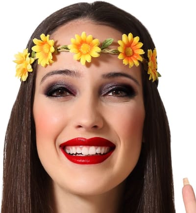 Atosa Verkleed haarband met bloemen - geel - meisjes/dames - Hippie/Flower Power