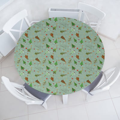 ABAKUHAUS Kerst Elastisch Rond Tafelkleed, Kerstboompatroon, Allround Elastisch Tafelkleed, 90 cm - 100 cm, Amandelgroen Bruin