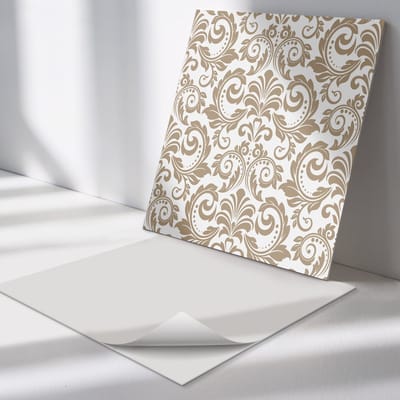 Wallfluent Vinyl Tegels - Plantenpatroon met Ornamenten Zelfklevende Vinyltegels - 30 cm x 30 cm - Beige Vinyl Tegels - Set van 9 - Vierkant PVC Tegels - Patroon Plaktegels - Vloer Tegels PVC - Plaktegels Keuken en Badkamer
