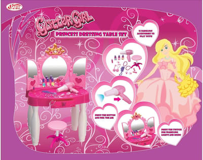 Prinses Make-up Tafel Set - Kinderspeelgoed Tafel - Spelletjes Spelen - Met Licht Muziek - 15 Delige Set - Glitter Roze