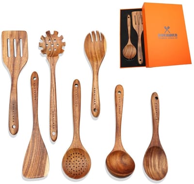 Dailygoods- Houten Lepels Set van 7 - Keukengerei Teakhout - Multifunctionele Spatels - Hittebestendig - Natuurlijk Materiaal - Robuust en Geurloos