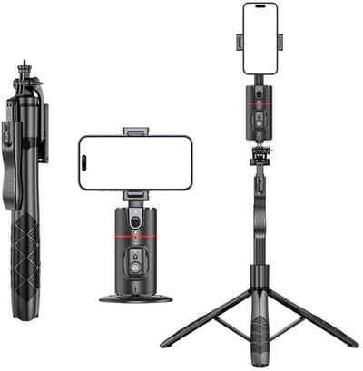 Casemania Automatisch Volgstatief Set - AI Tafelstatief met Beweginggsensor & Face Tracking + Uitschuifbaar Tripod - 360° Draaibaar Vlog Selfiestatief met Bluetooth Afstandsbediening - Geschikt voor Telefoon en Camera