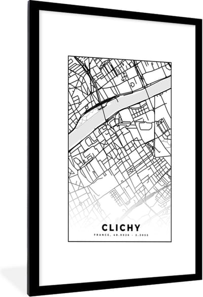 Fotolijst incl. Poster Zwart Wit- Kaart - Stadskaart - Clichy - Frankrijk - Plattegrond - Zwart wit - 60x90 cm - Posterlijst