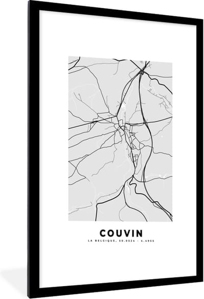 Fotolijst incl. Poster Zwart Wit- Stadskaart – Zwart Wit - Kaart – Couvin – België – Plattegrond - 60x90 cm - Posterlijst