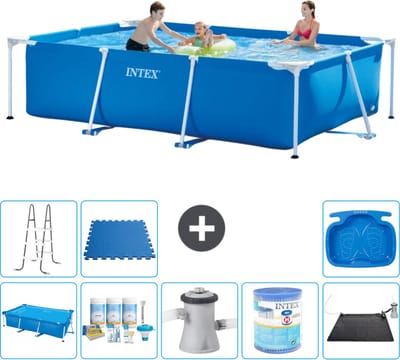 Intex Rechthoekig Frame Zwembad - 300 x 200 x 75 cm - Blauw - Inclusief Solarzeil - Onderhoudspakket - Zwembadfilterpomp - Filter - Solar Mat - Ladder - Voetenbad - Vloertegels - 9-delig