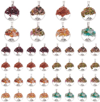 PandaHall 32 Stuks Levensboom Hanger, Edelsteen Chakra Steen Hangers, Gemengde Natuurlijke Edelsteen Hangers, Geluk Charme Kristallen voor Ketting Oorbel Sieraden Maken