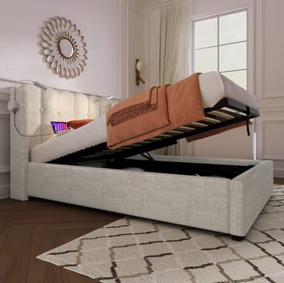 MEUNIQ eenpersoons bed 90x200 cm met opbergruimte, lattenbodem, hoofdbord met leeslamp en 2 USB-poorten, gestoffeerd bedframe voor slaapkamer, naturel