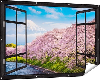 Gards Tuinposter Doorkijk Roze Bloesembomen bij de Fuji Berg - 150x100 cm - Tuindoek - Tuindecoratie - Wanddecoratie buiten - Tuinschilderij