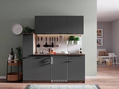 Goedkope keuken 180  cm - complete kleine keuken met apparatuur Oliver - Donker eiken/Grijs - elektrische kookplaat  - koelkast          - mini keuken - compacte keuken - keukenblok met apparatuur