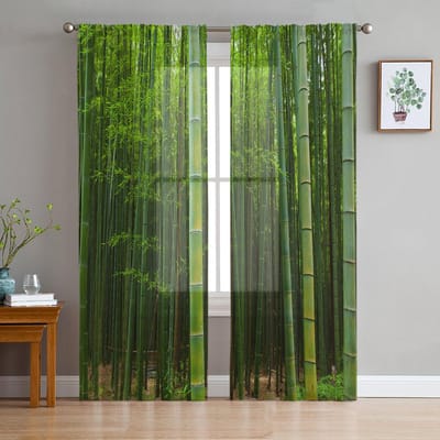 Bamboe Bos Groene Transparante Gordijnen voor Woonkamer Decoratie Raamgordijnen voor Keuken Tule Voile Organza Gordijnen W135 x H137cm x1