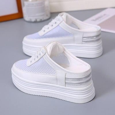Akexiya Dames Lente Zomer Pantoffels Hol Ademend Dikke Zool Casual Halve Pantoffels Lazy Shoes Dames Kleine Witte Schoenen 35 gray