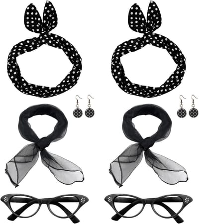 8-delige jaren '50 kostuumaccessoires set voor dames, retro feestoutfit, zwart, vintage stijl, perfect voor themafeesten en dansavonden