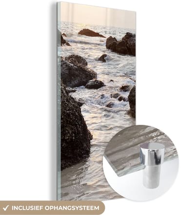 MuchoWow® Glasschilderij 60x120 cm - Schilderij acrylglas - Zee - Zomer - Stenen - Foto op glas - Schilderijen